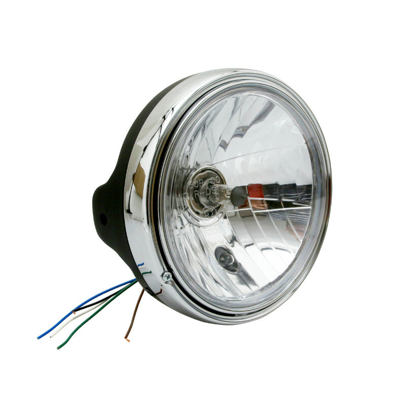 Phare avant Avoc OPTIQUE MOTO TYPE GUZZI DIAM 200 mm CUVELAGE LISSE Ø180mm LAMPE H4 60 - 55W FEU POSITION SATIN CORPS ACIER HOMOLOGUE CE