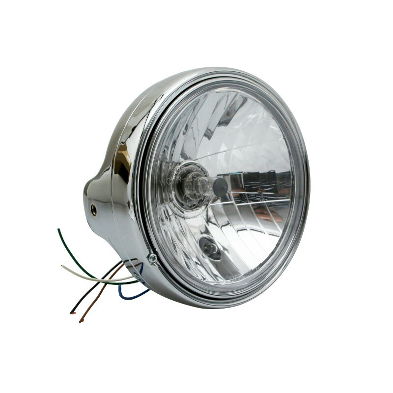 Phare avant Avoc OPTIQUE MOTO TYPE GUZZI DIAM 200 mm CUVELAGE LISSE Ø180mm LAMPE H4 60 - 55W FEU POSITION CHROME CORPS ACIER HOMOLOGUE CE