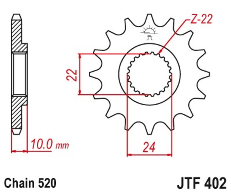 Pignon de sortie de boite JT. 16 dents acier standard pas 520 type 402