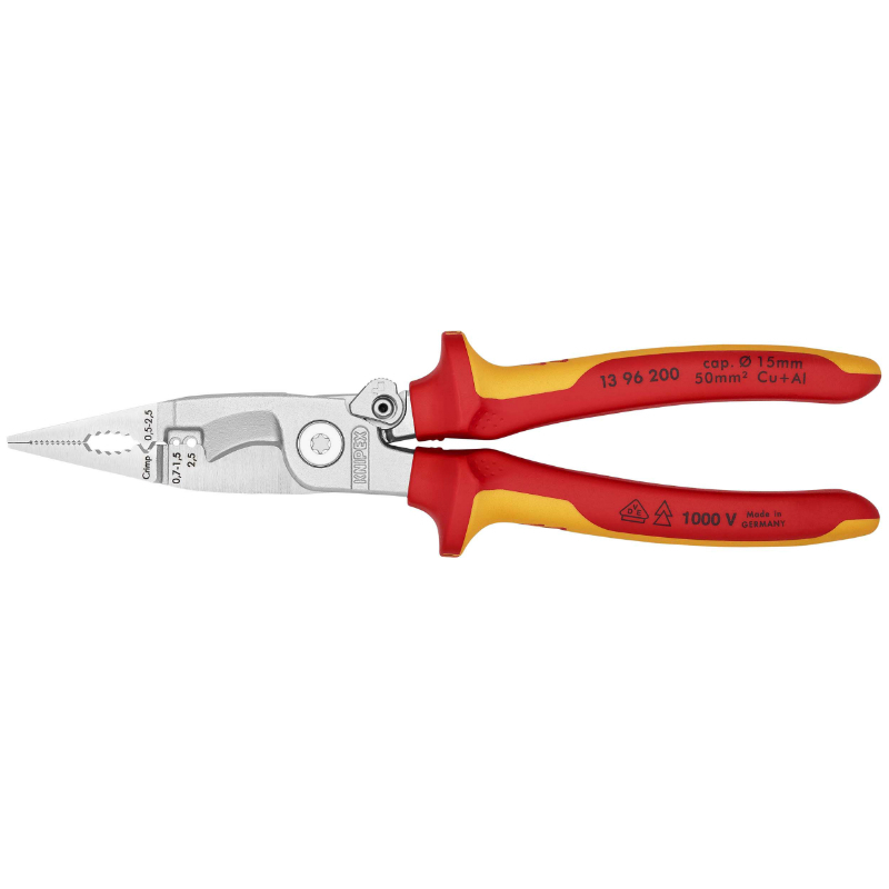 Pince multiprise Knipex MULTIFONCTION PRO COMPACT CHROME INSTALLATION ELECTRIQUE POIGNEE ISOLEE CERTIFIEES VDE 6 FONCTIONS 13 96 200 MADE IN GERMANY