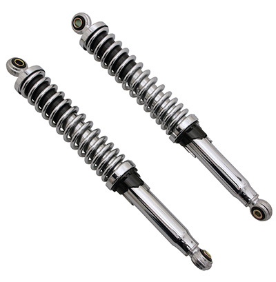 Amortisseur P2R REGLABLE CHROME ENTRAXE 360 mm DIAMETRE FIXATION SUPERIEUR 10mm INFERIEUR 8mm PAIRE