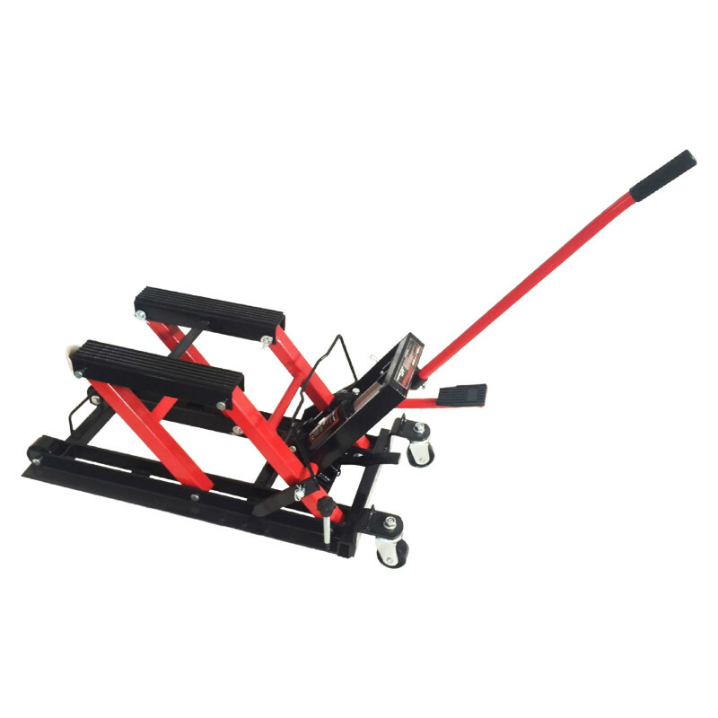 Lève moto P2R LEVE - CRIC HYDRAULIQUE CAPACITE 680 Kg 4 ROULETTES HAUTEUR MAXI 37,5 cm MINI 11 cm 600x310mm