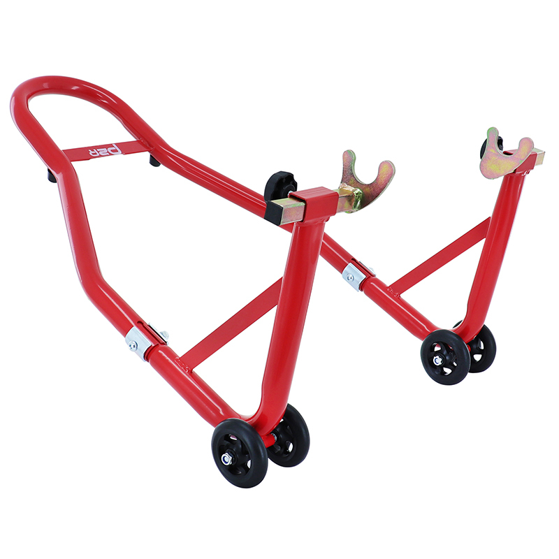 Béquille P2R LEVE - BEQUILLE STAND ARRIERE UNIVERSEL RENFORCE ACIER ROUGE SUPPORT EN V ECARTEMENT 210 A 350mm LONG 780mm - LARG 380mm - HAUT