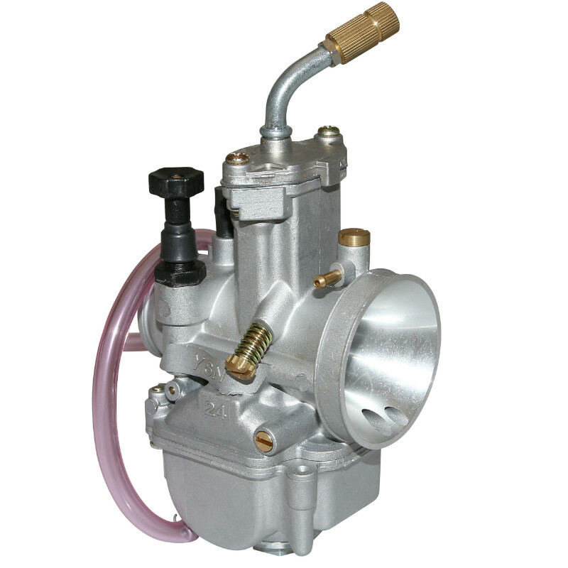 Carburateur P2R CARBURATEUR TYPE PWK 24 SILVER A BOISSEAU PLAT AVEC POWER JET ENTREE AIR POLI + COUDE TOURNANT + STARTER A TIRETTE -QUALITE PREM