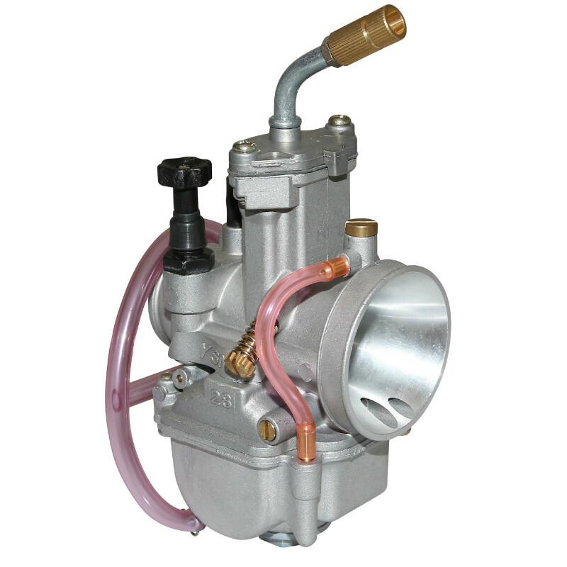 Carburateur P2R CARBURATEUR TYPE PWK 28 SILVER A BOISSEAU PLAT AVEC POWER JET ENTRE AIR POLI + COUDE TOURNANT + STARTER A TIRETTE -QUALITE PREMI