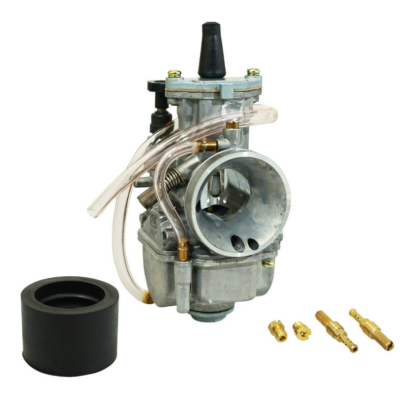 Carburateur P2R CARBURATEUR TYPE PWK 26 SILVER A BOISSEAU PLAT AVEC POWER JET ENTRE AIR POLI + COUDE TOURNANT + STARTER A TIRETTE -P2R-