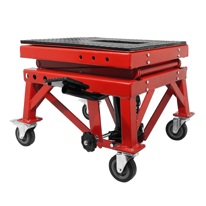 Lève moto P2R LEVE - PONT TROTTINETTE HYDRAULIQUE A COLONNE SUR ROULETTES HAUTEUR MINI 38cm MAXI 95cm ACIER ROUGE