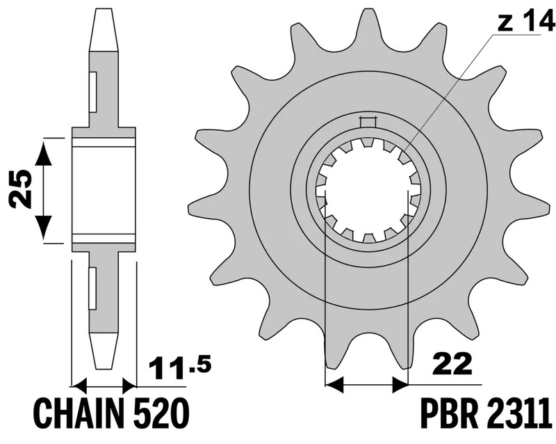 Pignon de sortie de boite PBR acier standard 2311 - 520 15 dents