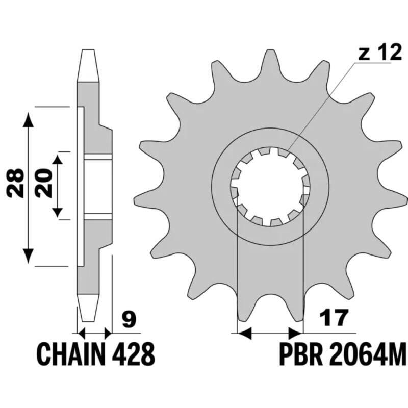 Pignon de sortie de boite PBR acier standard - 428 14 dents