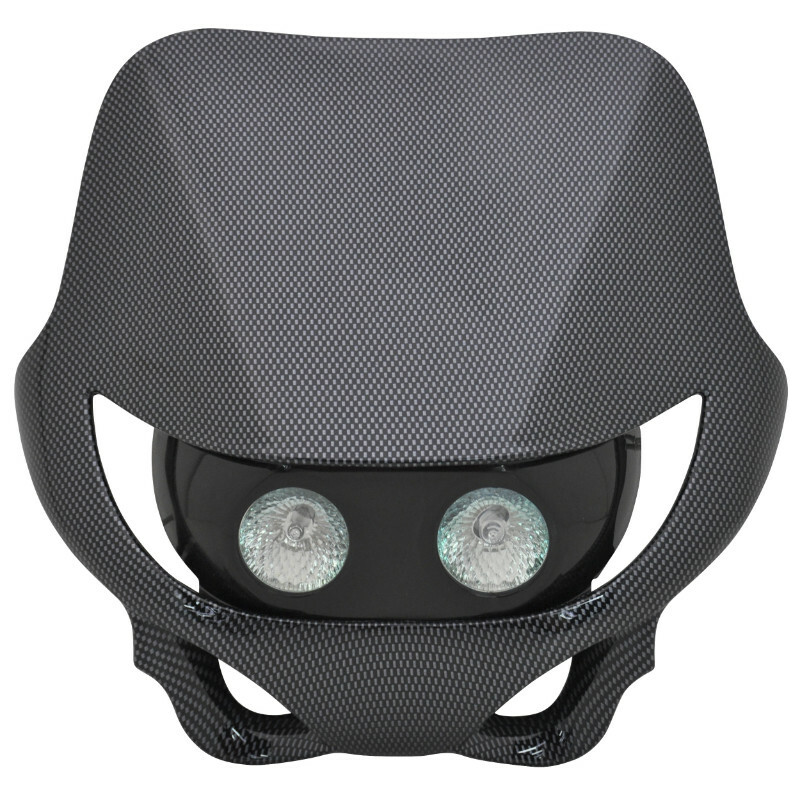Plaque phare Replay TETE FOURCHE 50 A BOITE UNIVERSEL ENDURO HALOGENE 2x20W CARBONE FIXATIONS