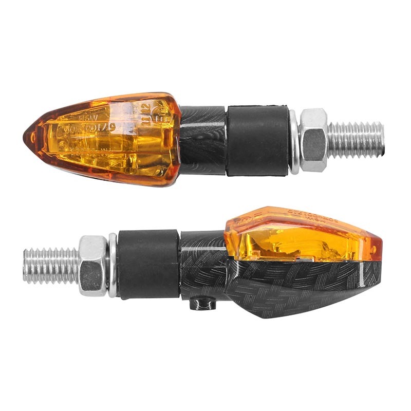 Clignotant Replay UNIVERSEL MICRO FLECHE A AMPOULE BAU9S BASE ABS ORANGE - CARBONE L 55mm - H 20mm 23mm HOMOLOGUE CE PAIRE
