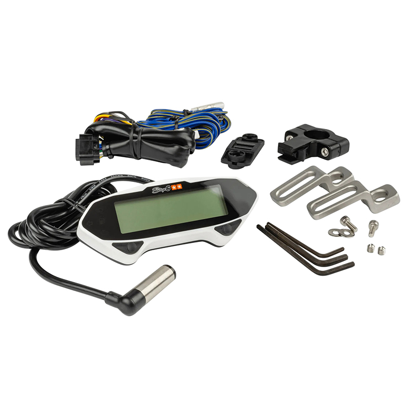 Compteur Stage 6 DIGITAL MULTIFONCTIONS RACING BLANC BRANCHEMENT SUR BATTERIE VITESSE,DISTANCE TOUR,ESSENCE CLIGNOTANTS