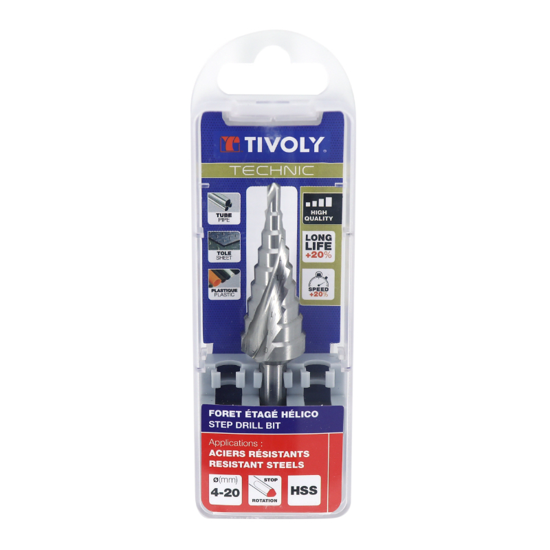 Foret Tivoly HSS CONIQUE ETAGE GOUJURES HELICOIDALES DIAM 4 A 20 mm 0,5 BLISTER