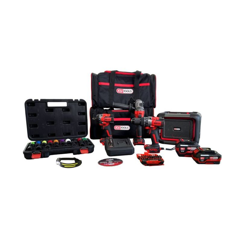 Kit d'outillage KS Tools électroportatif - perceuse, meuleuse, mini clé à chocs et accessoires
